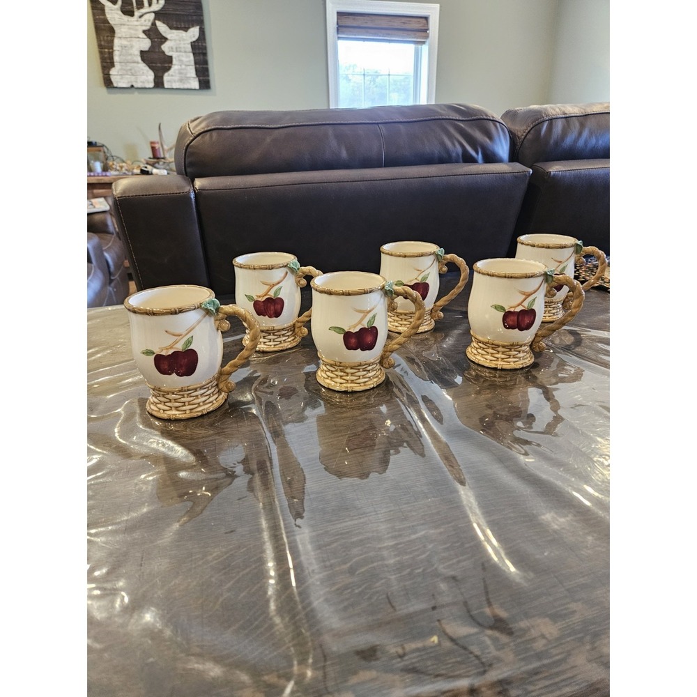 Set Of 6 Apple Basket Cracker Barrel 5" Coffee Mug Red Apples Brown Wicker Weave